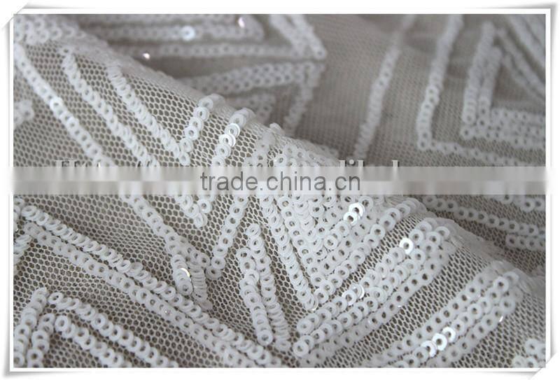 Latest white sequin mesh fabric, wholesale sequin polyester mesh fabric