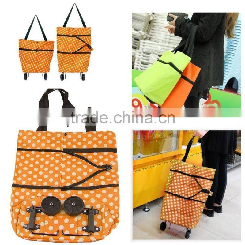 Lightweight Portable Foldable Dot Print Traveling Shopping Trolley Cart Handbag with Wheels