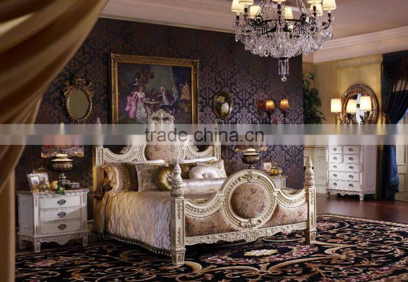 Royal Place Gold Leaf Finished Full Solid Wood Carving Bed, Arabic Golden Style Bedroom Furniture(MOQ=1 SET)