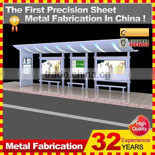 powder coating metal prefabricated bus stop shelter with low price and lightbox in foshan for 32 years