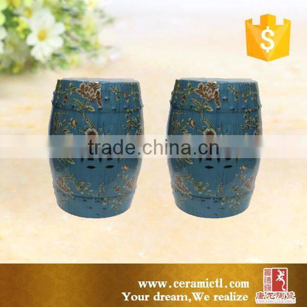 Porcelain round garden stool Cobalt blue painted ceramic stool