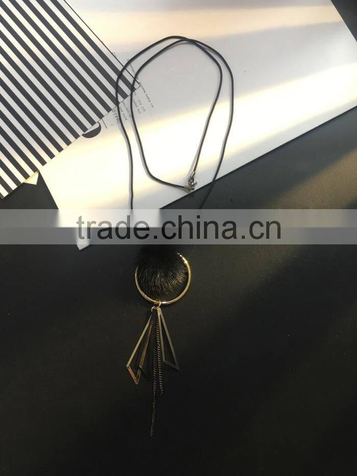 mink fur ball hoop triangle pendant necklace hot selling geometric necklace