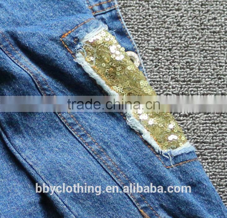 2016 new design fashion girls denim jacket with gold sequins sleeve
