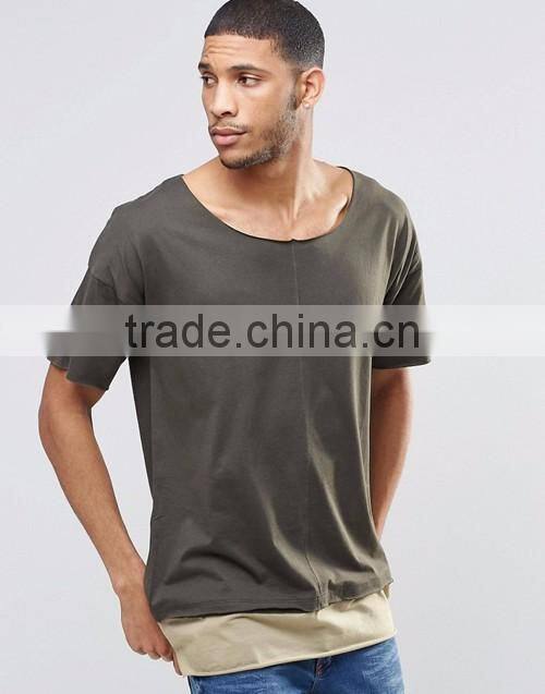 Men cheap plain boat neck longline army green t-shirt wholesale
