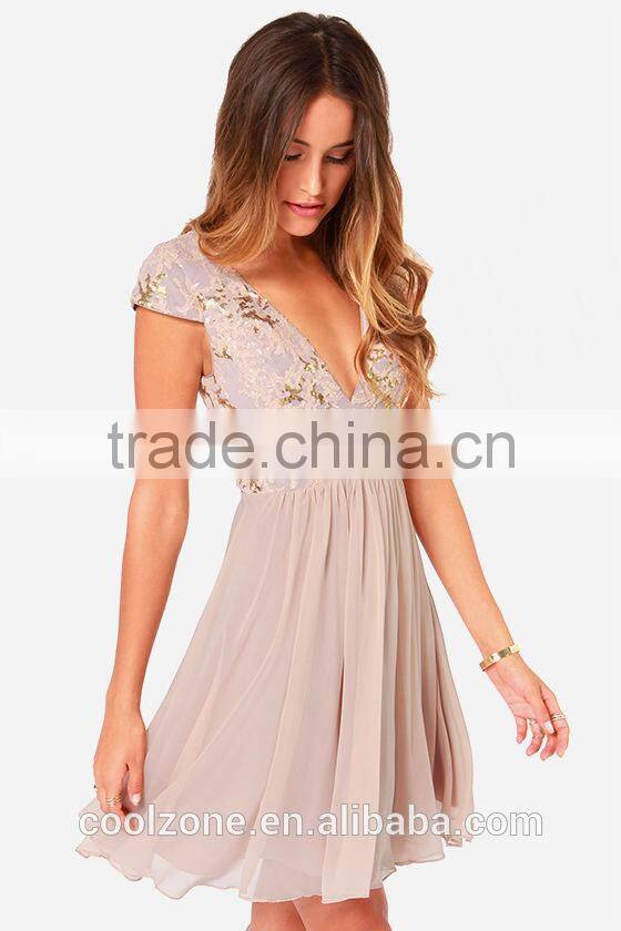 China supplier woman dress cap sleeves sequined woman dress fashion 2015