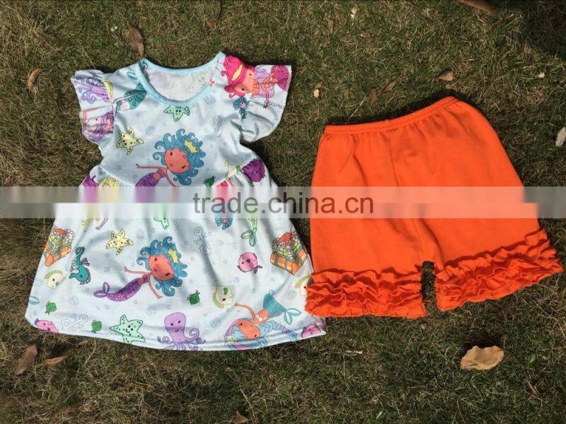 2016 hot sale girls feather flutter sleeve tops icing shorts set bulk wholesale kids toddler's clothing designer