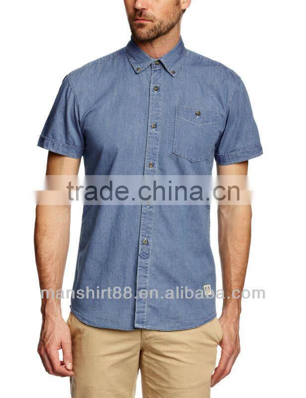 slim fit short sleeve button down collar casual cowboy denim shirt