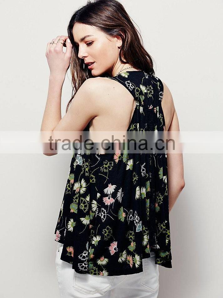 2016 Guangzhou Shandao Brand OEM/ODM Summer Sexy Deep V Neck Printed Loose Sleeveless Chiffon Girls Top Design