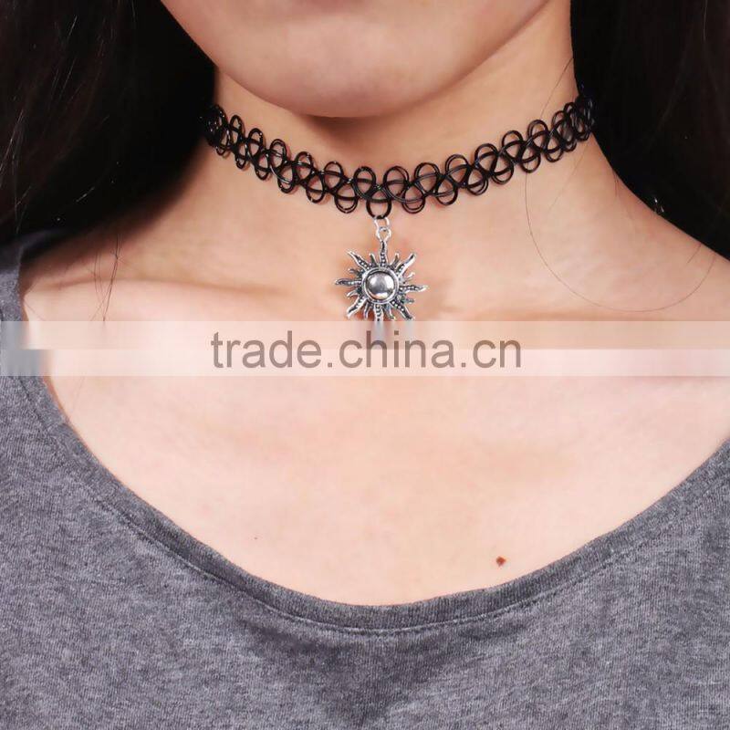 Fashion Jewelry Elastic Sun Pendants Black Tattoo Choker Necklace