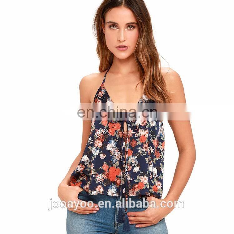 Latest Design Girls Lace - Up Deep V Neck Print Floral Navy Blue Sexy Ladies Halter Lace Crop Top