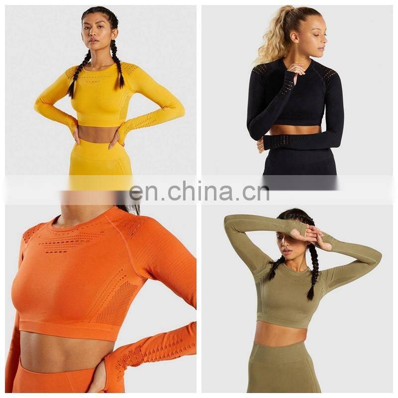 Long Sleeve Running Shirts & Full Length Gym Fitness Tights set womens seamless Crop Top Gym yoga set