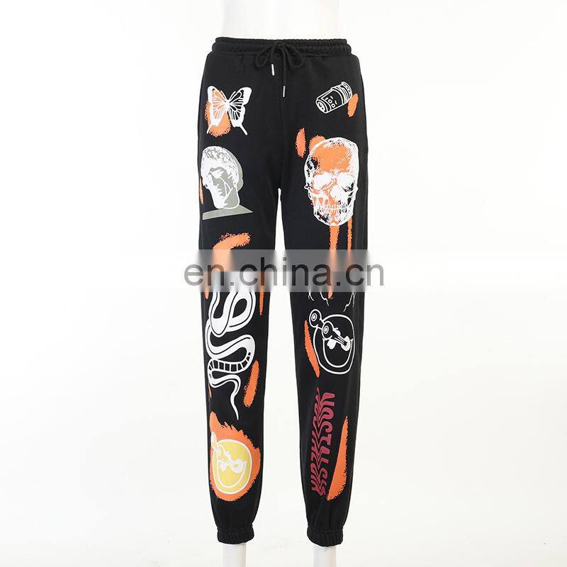 2021 autumn and winter new fashion street trend multi-pattern printing strap thick warm casual pants