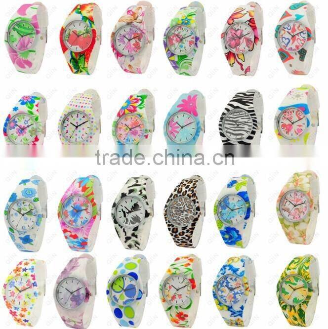 Newest Selling Hot Women/Ladies Fashion Watch Silicon Band Flower Print Jelly Sports Quartz