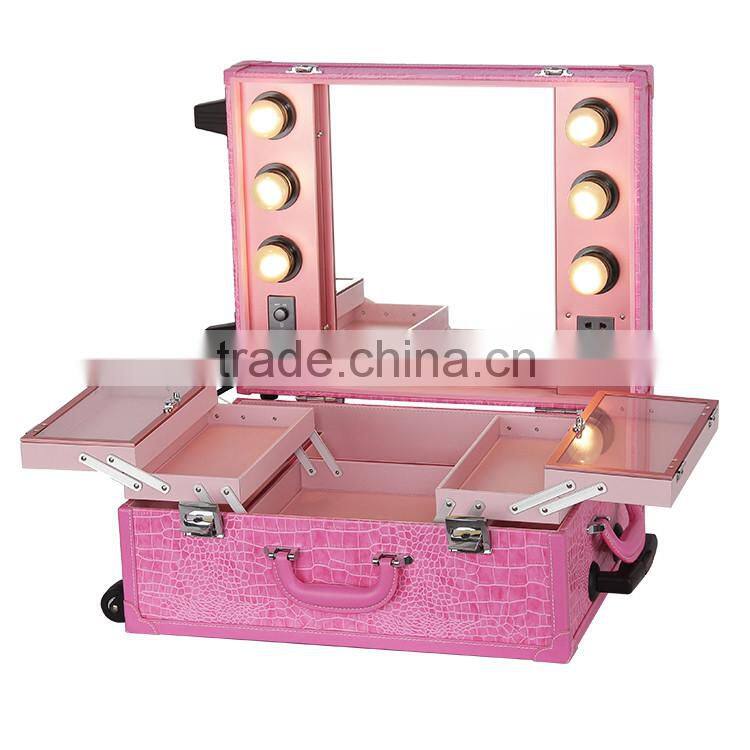 Fashional design pink lighted mirror cosmetic makeup beauty trolley carring case