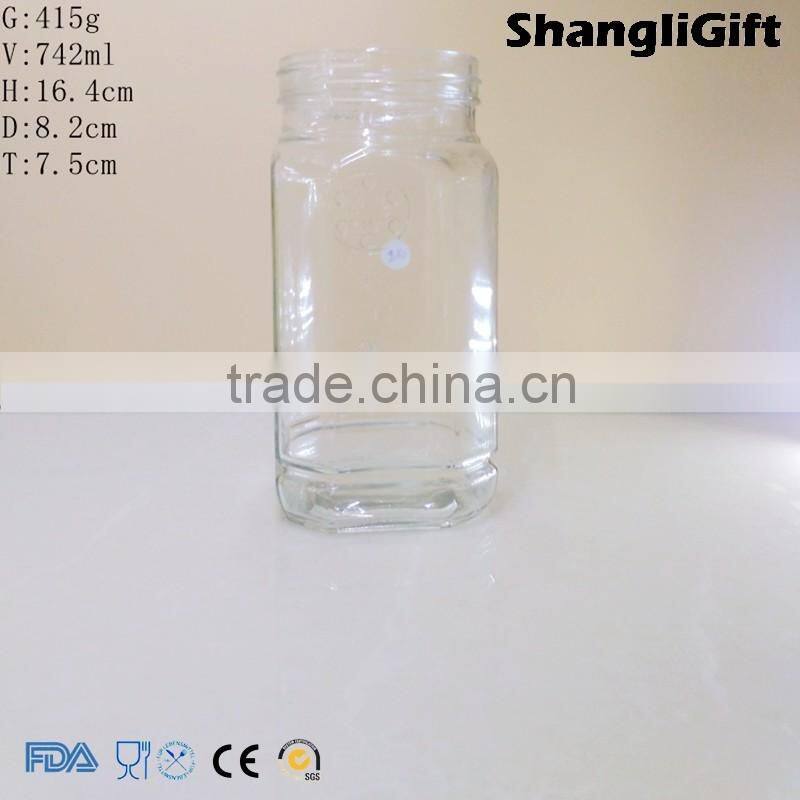 BQS Xuzhou Glassware 740ml Square Glass Jar With Plastic/Tin Lids