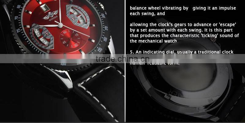 New Mens Red Dial Leather Strap Classic Design Self-Wind Up Mechanical Automatic Watch WM122
