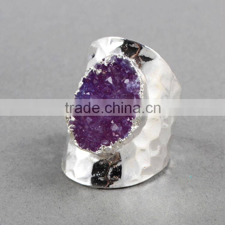 Fashion agate druzy ring cuff with silver electroplating, Natural agate drusy band ring