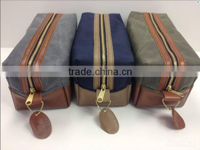 High quality and personalized waxed canvas and leather bag , waxed canvas zipper pouch with leather accents , waxed canvas pouch
