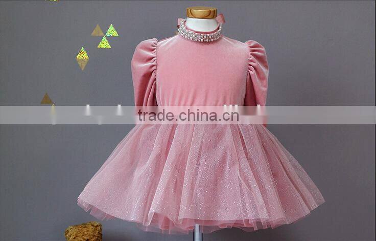 pearl neck long sleeves baby girls dresses velvet