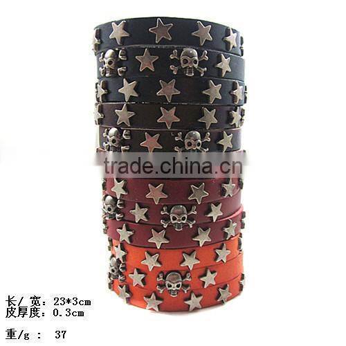Handmade Wide Leather Skulls & Stars Wrap Bracelet