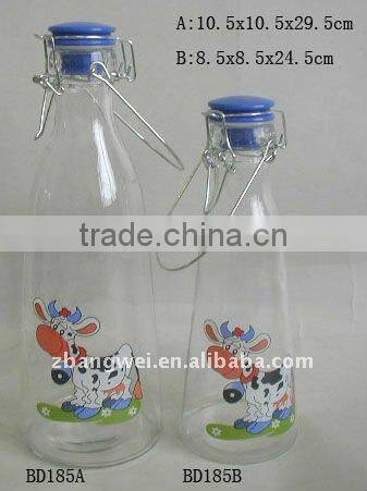 glass milk bottle with decal
