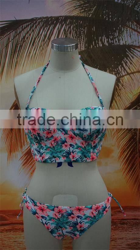 2016 new arrival flower printed retro high waist bikini