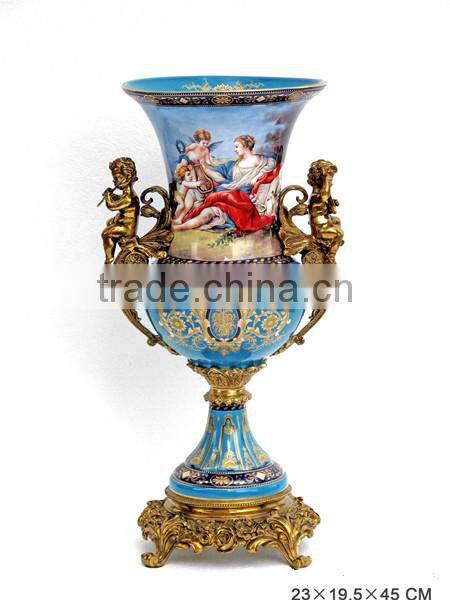 European Character Style Ceramic Egg Shaped Jar Box, Elegant Porcelain With Brass Prize Cup, Figure Design Footed Jar With Lid