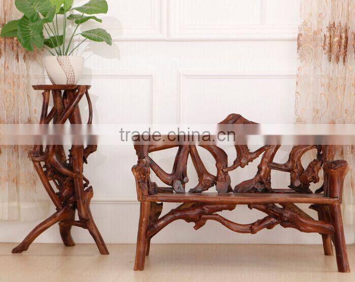 Southeast Asia Style Root Carved Plant Stand, Environmental Protective Wooden Flower Shelf, Double Layer Planter (BF01-X1165)