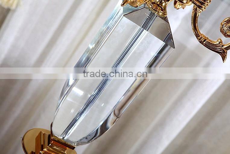 Four heads golden plated metal clear K9 crystal floor lamp with white color lampshade
