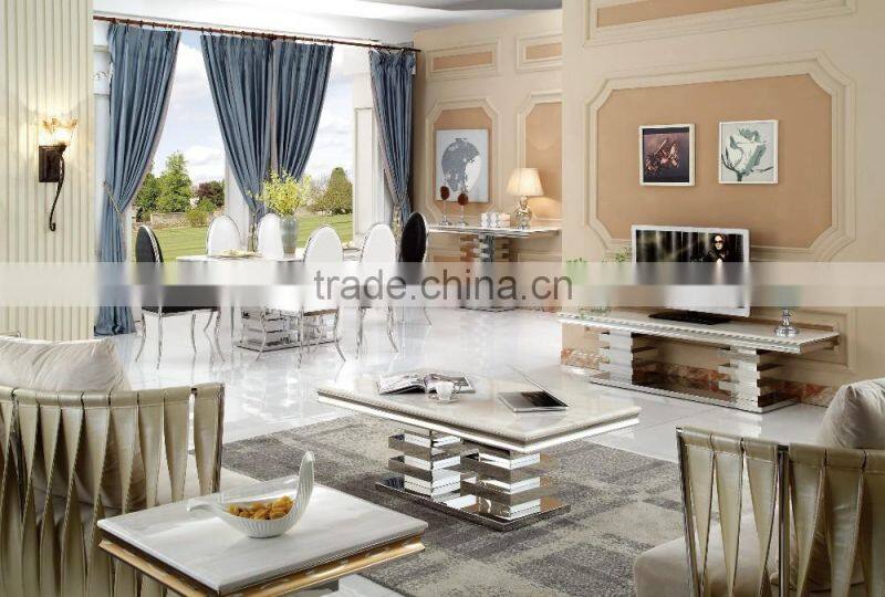 customized silver luxury stainless steel marble top dining table set for 6 people