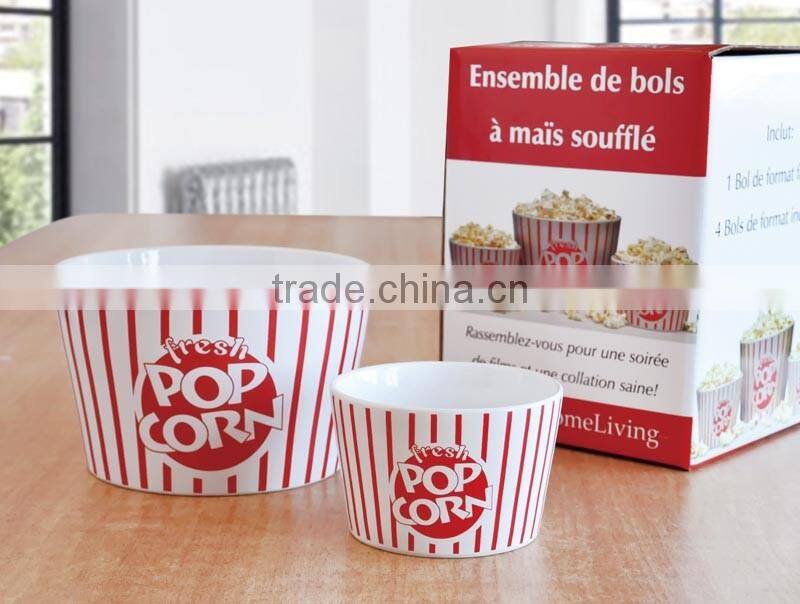 5pcs popcorn bowl set, stoneware with decal