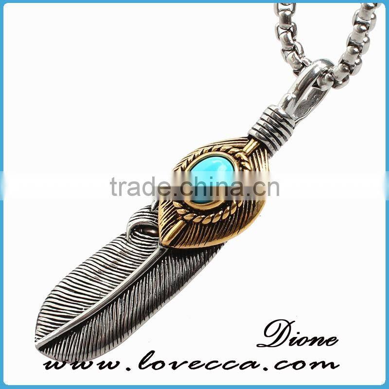 Alibaba Top Sale Ruby Stone Titanium Steel Skull Feather Necklace Jewelry Mens Turquoise Stone Stainless Steel Feather pendant