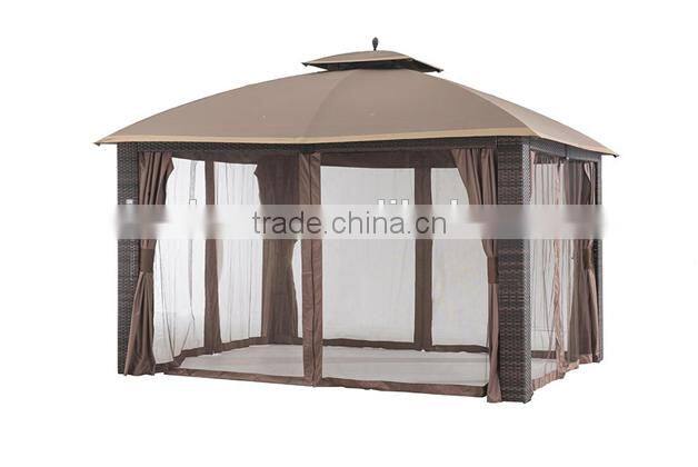12' x 10' Wicker Gazebo, Large, Brown/Gold Trim