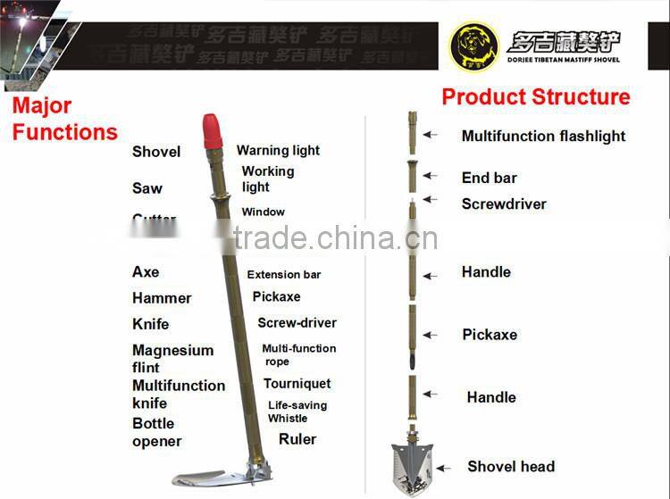 New Idea Outdoor Jeep Tools Shovel with Tactical Led Flashlight Knife Axe and Hoe Functions