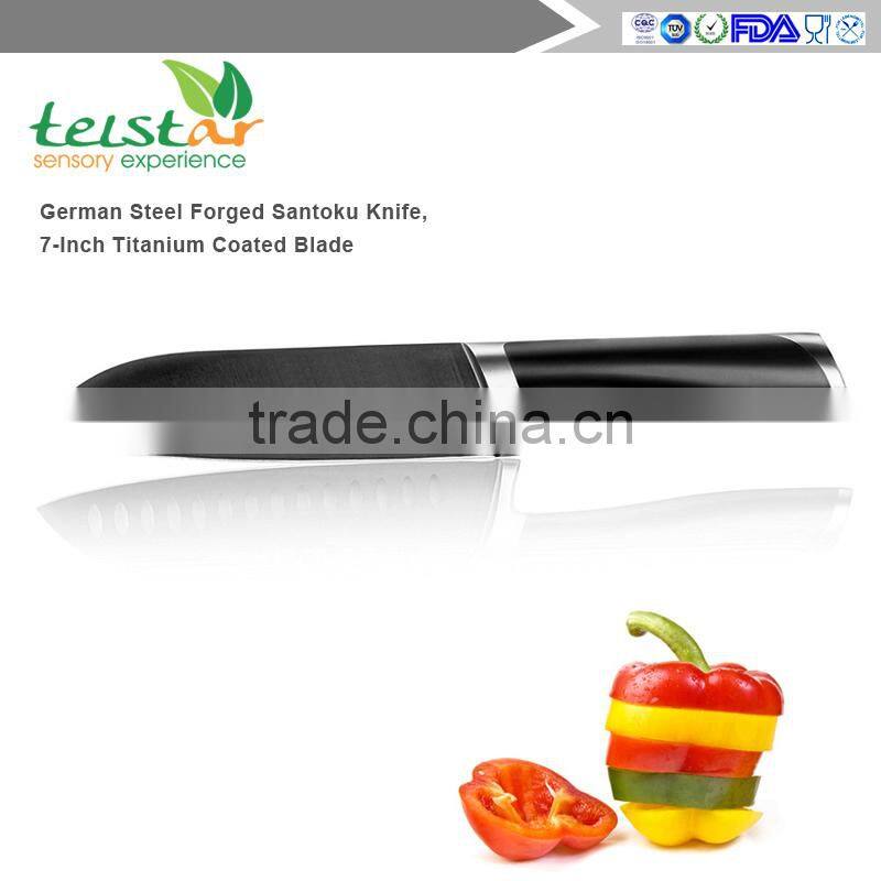 German Steel Forged Santoku Knife, 7-Inch Titanium Coated Blade