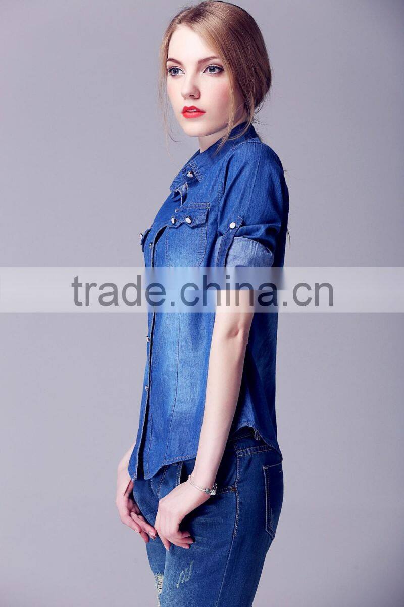 Wholesale factory price brand ladies casual jeans fabric sexy fancy denim shirt women