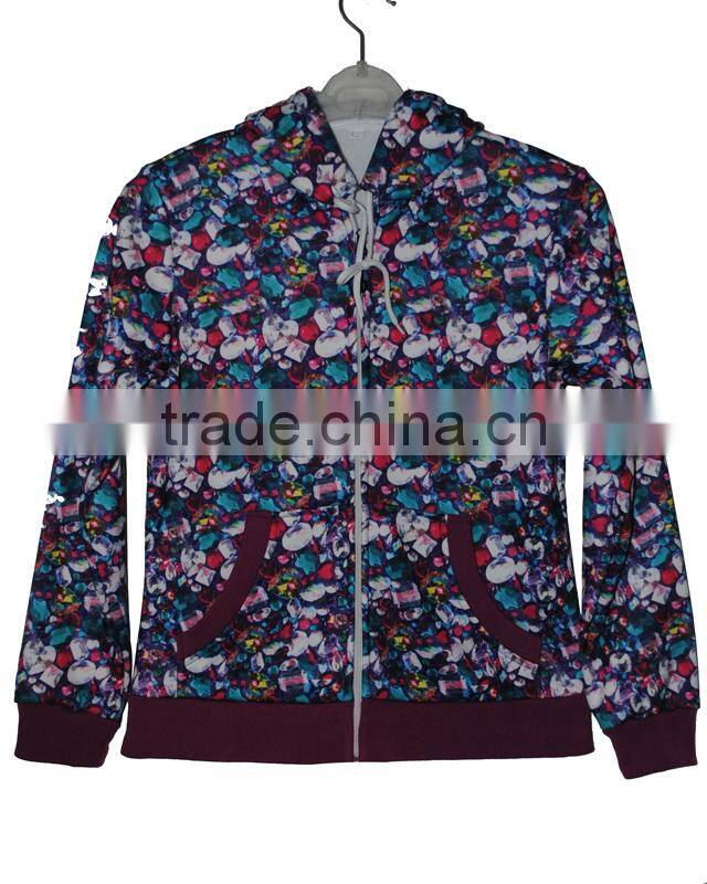 Professional Fleece Wear Manufacturer designs itself full print women's fleece hoody jacket polyester fleece,240g brushed inside