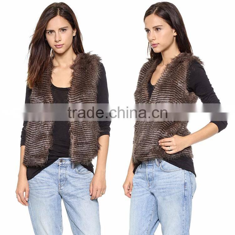 HAODUOYI Women Brown Gradient Oversized Stripe Faux Fur Waistcoat