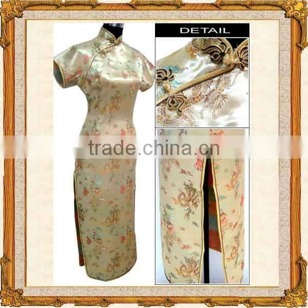 Chinese traditional red short sleeve long length cheongsam