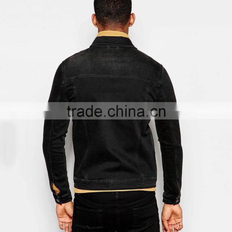 slim fit zipper black denimmen's jeans jacket black customized wholesale