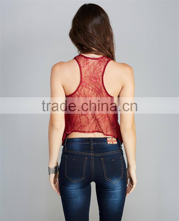 Chiffon red deep v neck T back vest lace racerback tank top