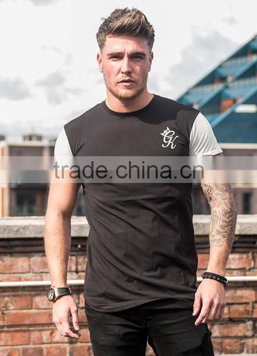 95% Cotton 5% Elastane Mens Gym Fitted T-Shirt Longline Curved Hem T Shirt Tapered Contrast Short Sleeve Long Drop T Shirt OEM