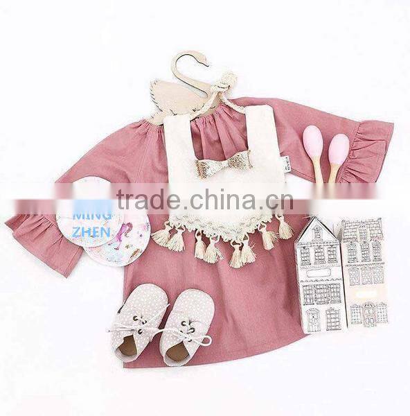 Summer Blue Flower Printed Dress Buttons Design Kids Clothes With Headband