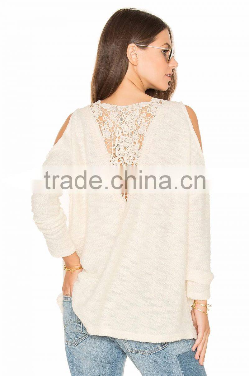 Hot selling open shoulder lace applique woman sweater wholesale woman blouse design sweater 2017