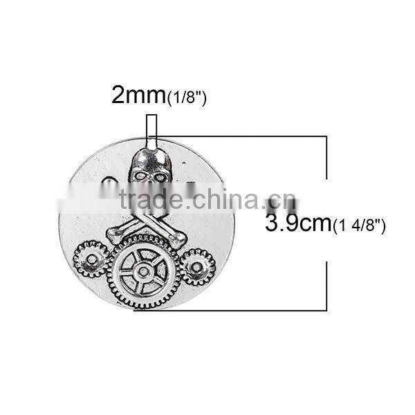 Zinc Based Alloy Steampunk Pendants Round Antique Silver Halloween Skull Gear Carved 39mm Dia