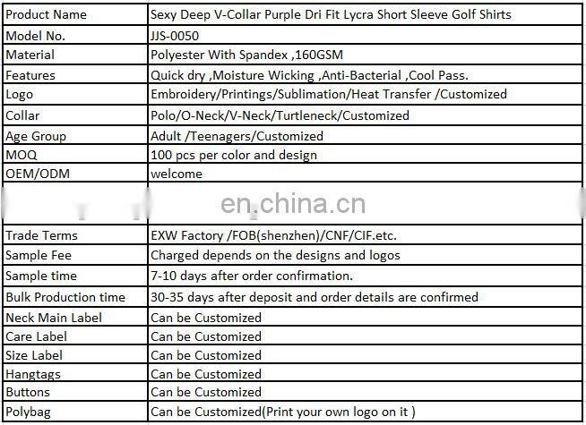 Sexy Deep V-Collar Purple Dri Fit Lycra Short Sleeve Golf Shirts