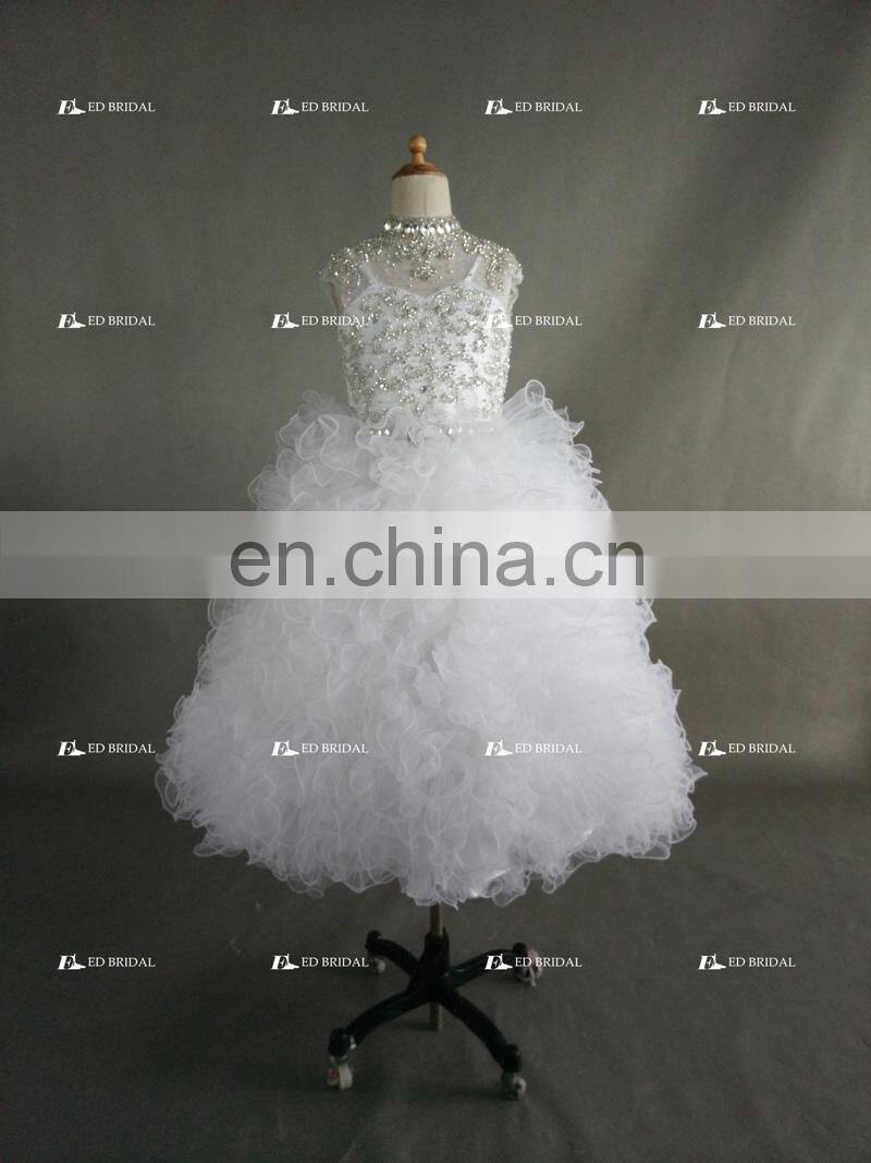 Custom Made Beaded Crystal Top Ball Gown Ruffle Organza Flower Girl Dress White