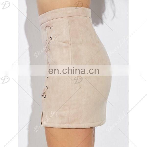 Powersweet High Quality Suede Lace Up fashion Skirt Design Sexy Mini Skirt