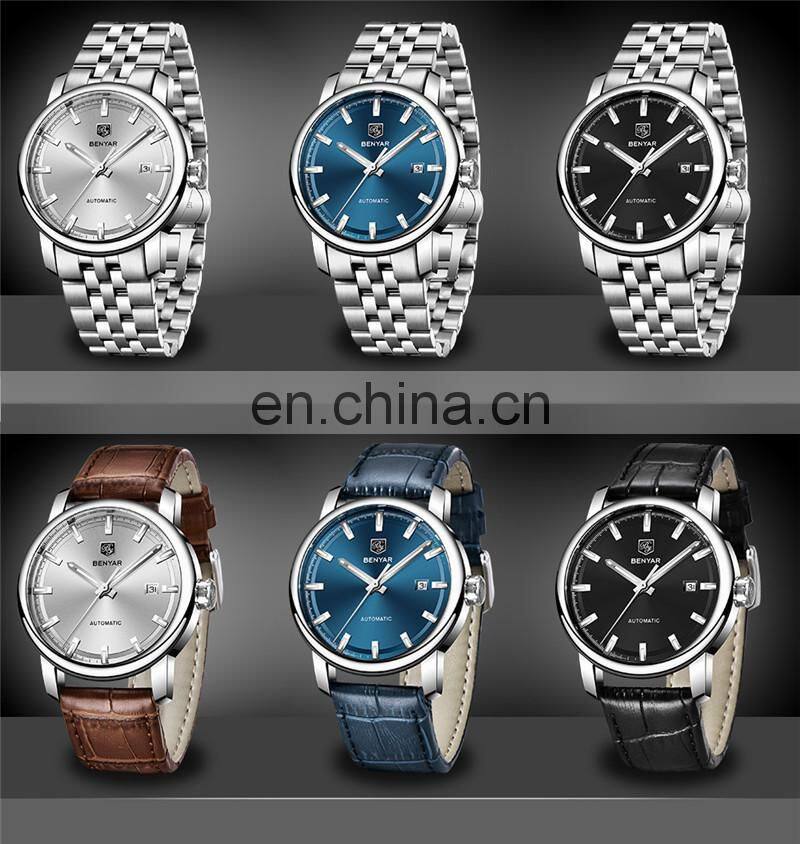 Benyar BY-5144 Fashion Leather Men Mechanical Watches Analog Water Resistant Stainless Steel Case Automatic Watch