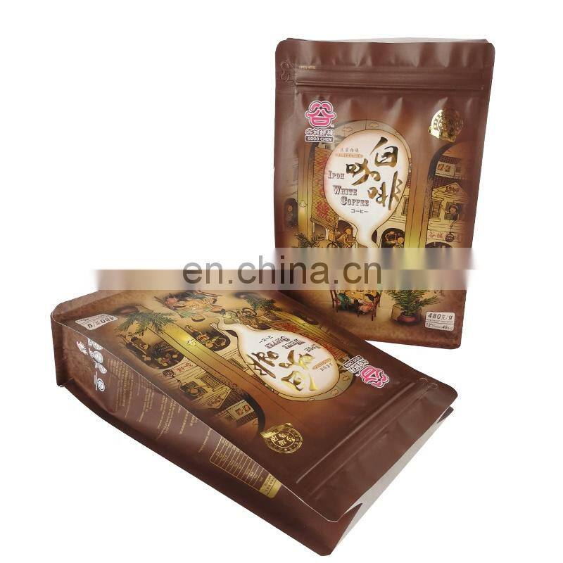 Recyclable stand up block bottom kraft paper packaging custom printed paper coffee zipper pouches for ipoh white coffee